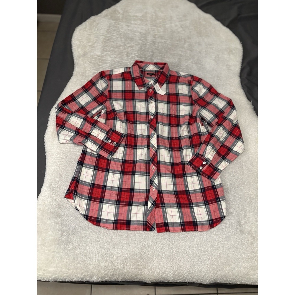 New Talbots Womens Red Plaid Button Down Shirt Size Large Top